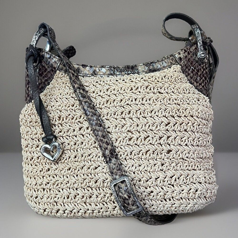 BRIGHTON Leela Crocheted Straw Crossbody Embossed Snake Leather Strap & Trim